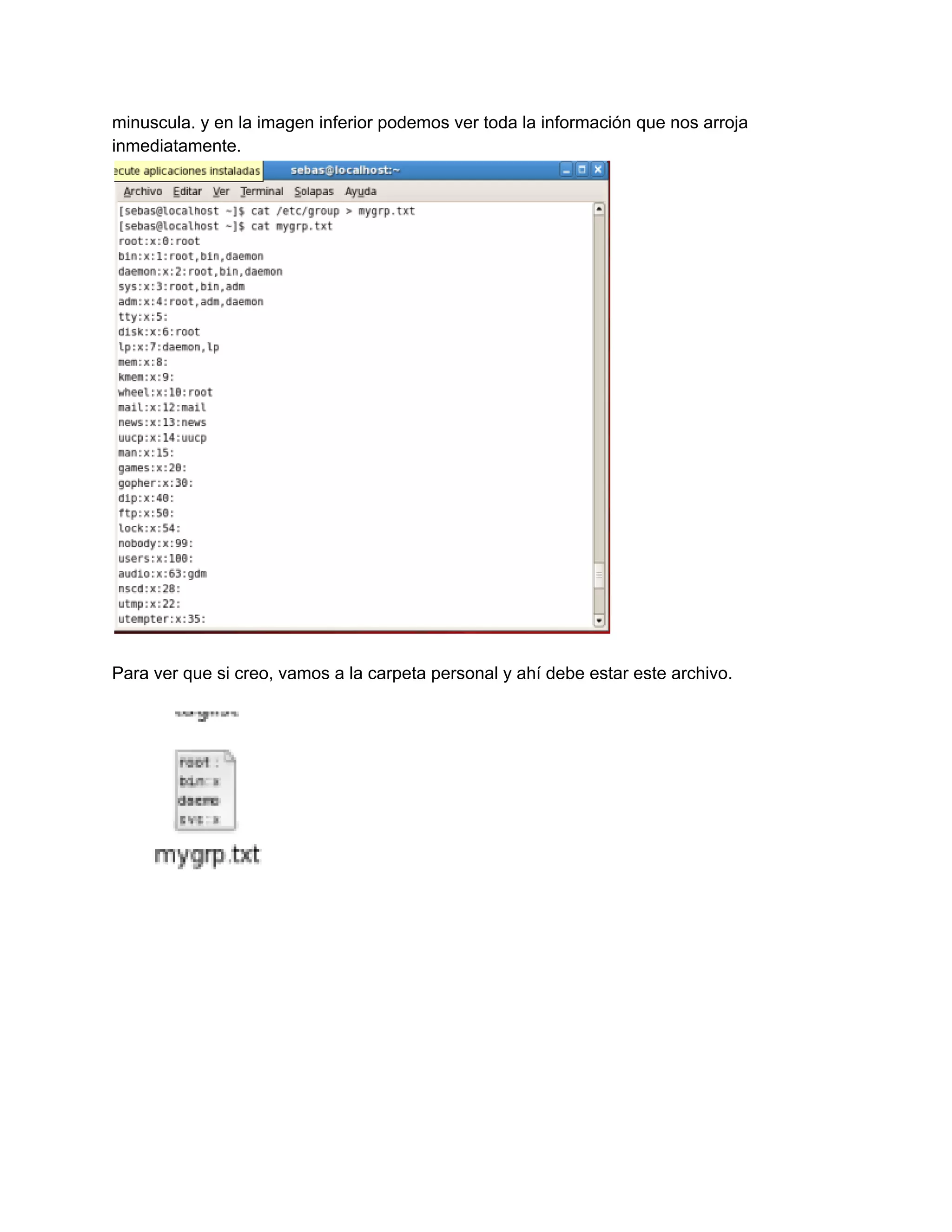 minuscula. y en la imagen inferior podemos ver toda la información que nos arroja
inmediatamente.
Para ver que si creo, vamos a la carpeta personal y ahí debe estar este archivo.
 