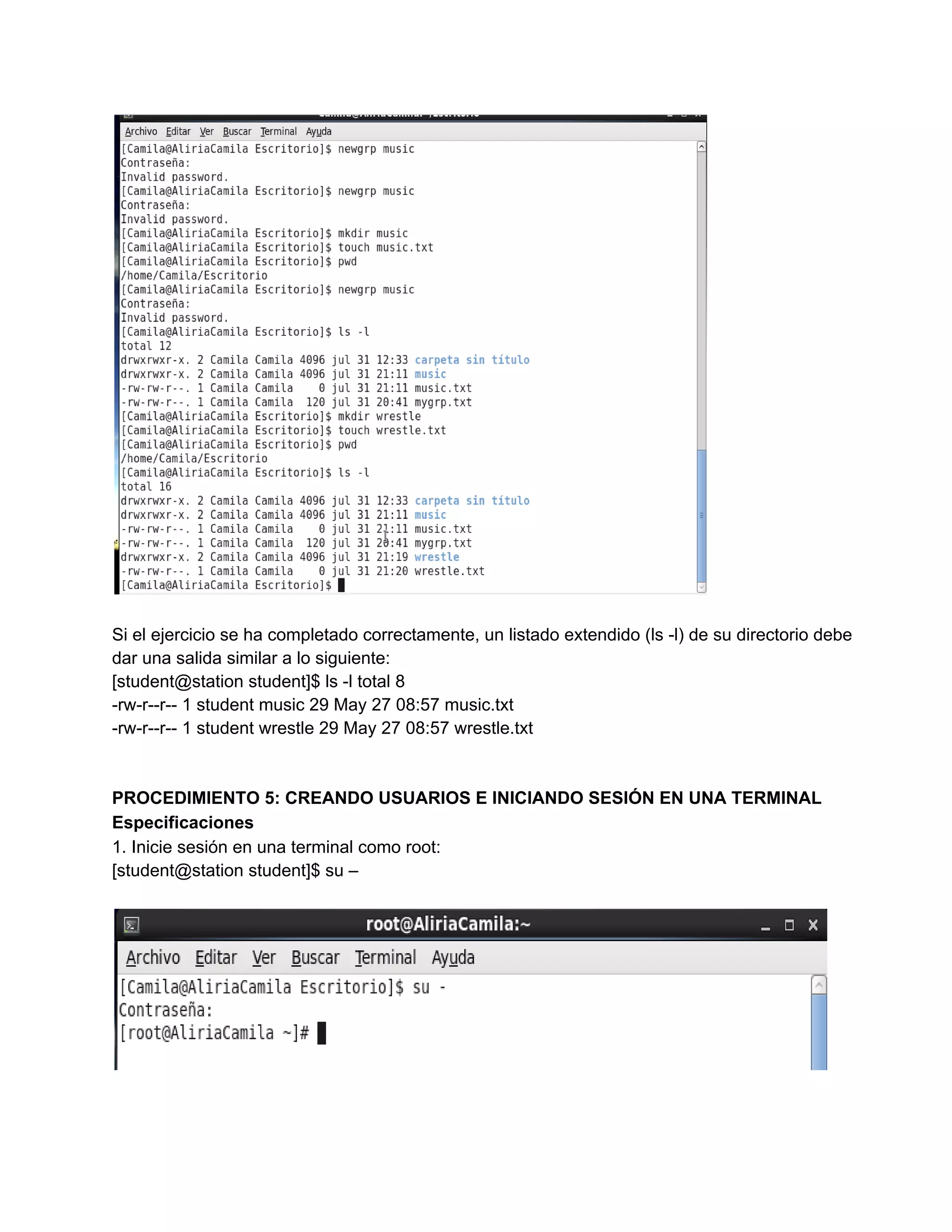 Si el ejercicio se ha completado correctamente, un listado extendido (ls ­l) de su directorio debe
dar una salida similar a lo siguiente:
[student@station student]$ ls ­l total 8
­rw­r­­r­­ 1 student music 29 May 27 08:57 music.txt
­rw­r­­r­­ 1 student wrestle 29 May 27 08:57 wrestle.txt
PROCEDIMIENTO 5: CREANDO USUARIOS E INICIANDO SESIÓN EN UNA TERMINAL
Especificaciones
1. Inicie sesión en una terminal como root:
[student@station student]$ su –
 