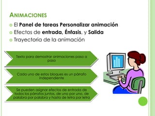 ANIMACIONES
El Panel de tareas Personalizar animación
 Efectos de entrada, Énfasis, y Salida
 Trayectoria de la animación


Texto para demostrar animaciones paso a
paso

Cada uno de estos bloques es un párrafo
independiente
Se pueden asignar efectos de entrada de
todos los párrafos juntos, de uno por uno, de
palabra por palabra y hasta de letra por letra

 