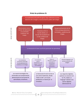 Árbol de problema II.
Incumplimiento del perfil de egreso; bajo redimiento escolar;
deterioro de la imagen y reconocimiento público del Colegio.

E
F
E
C
T
O
S

Desvinculación entre el
mundo del adolescente
y las actividades
académicas del
Colegio.

Tensiones entre el
mundo adulto y el
mundo del estudiante en
la vida cotidiana del
Colegio.

Desaprovechamiento de las
TIC en el desarrollo de las
actividades académicas del
Colegio.

La Generación N tiene una forma particular de aprendizaje.

C
A
U
S
A
S

Los estudiantes
encuentran anticuado
los procedimientos de
enseñanza en el Colegio.

Las nuevas tecnologías han
provocado una transformación
generacional en las formas de
aprendizaje y enseñanza.

Los estudiantes
esperan
“entretenerse” en el
Colegio. El esfuerzo
como problema.

Desean no
“aburrirse”, lo que ha
provocado un
acercamiento
superficial al
conocimiento.

La Generación N está inscrita en
una cultura hedonista, donde
“todo se vale” y en la que
predomina un interés por lo
inmediato.

Marcos David Silva Castañeda

¿Hay dos lenguajes en el
proceso educativo del
Colegio?

Los migrantes digitales,
quienes no crecieron con
las TIC, hablan un
“lenguaje” distinto a los
nativos digitales
(Generación N).

Especialización en Tecnología Educativa

21

 