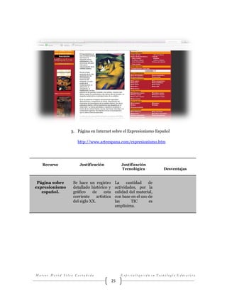3. Página en Internet sobre el Expresionismo Español
http://www.arteespana.com/expresionismo.htm

Recurso

Justificación

Justificación
Tecnológica

Página sobre
expresionismo
español.

Se hace un registro
detallado histórico y
gráfico
de
esta
corriente
artística
del siglo XX.

La
cantidad
de
actividades, por la
calidad del material,
con base en el uso de
las
TIC
es
amplísima.

Marcos David Silva Castañeda

Desventajas

Especialización en Tecnología Educativa

25

 