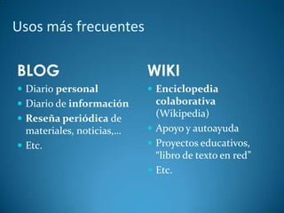 Usos más frecuentes
BLOG
 Diario personal
 Diario de información
 Reseña periódica de
materiales, noticias,…
 Etc.
WIKI
 Enciclopedia
colaborativa
(Wikipedia)
 Apoyo y autoayuda
 Proyectos educativos,
“libro de texto en red”
 Etc.
 