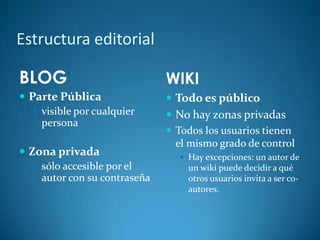 Estructura editorial
BLOG
 Parte Pública
 visible por cualquier
persona
 Zona privada
 sólo accesible por el
autor con su contraseña
WIKI
 Todo es público
 No hay zonas privadas
 Todos los usuarios tienen
el mismo grado de control
 Hay excepciones: un autor de
un wiki puede decidir a qué
otros usuarios invita a ser co-
autores.
 