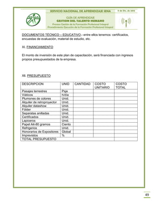 SERVICIO NACIONAL DE APRENDIZAJE SENA 11 de Dic. de 2013
GUÍA DE APRENDIZAJE
GESTION DEL TALENTO HUMANO
Proceso Gestión de la Formación Profesional Integral
Procedimiento Ejecución de la Formación Profesional Integral
49
DOCUMENTOS TÉCNICO – EDUCATIVO.- entre ellos tenemos: certificados,
encuestas de evaluación, material de estudio, etc.
XI. FINANCIAMIENTO
El monto de inversión de este plan de capacitación, será financiada con ingresos
propios presupuestados de la empresa.
Xll. PRESUPUESTO
DESCRIPCION UNID CANTIDAD COSTO
UNITARIO
COSTO
TOTAL
Pasajes terrestres Psje
Viáticos h/día
Plumones de colores Unid.
Alquiler de retroproyector Unid.
Alquiler datashow Unid.
Fólder Unid.
Separatas anilladas Unid.
Certificados Unid.
Lapiceros Unid.
Papel A4-80 gramos Ciento
Refrigerios Unid.
Honorarios de Expositores Global
Imprevistos %
TOTAL PRESUPUESTO
 