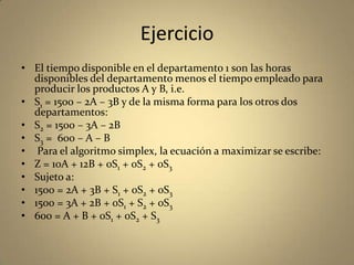 Ejercicio
• El tiempo disponible en el departamento 1 son las horas
disponibles del departamento menos el tiempo empleado para
producir los productos A y B, i.e.
• S1 = 1500 – 2A – 3B y de la misma forma para los otros dos
departamentos:
• S2 = 1500 – 3A – 2B
• S3 = 600 – A – B
• Para el algoritmo simplex, la ecuación a maximizar se escribe:
• Z = 10A + 12B + 0S1 + 0S2 + 0S3
• Sujeto a:
• 1500 = 2A + 3B + S1 + 0S2 + 0S3
• 1500 = 3A + 2B + 0S1 + S2 + 0S3
• 600 = A + B + 0S1 + 0S2 + S3
 
