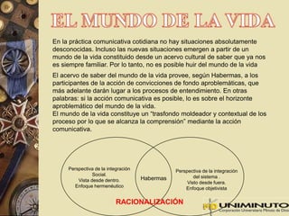 En la práctica comunicativa cotidiana no hay situaciones absolutamente 
desconocidas. Incluso las nuevas situaciones emergen a partir de un 
mundo de la vida constituido desde un acervo cultural de saber que ya nos 
es siempre familiar. Por lo tanto, no es posible huir del mundo de la vida 
El acervo de saber del mundo de la vida provee, según Habermas, a los 
participantes de la acción de convicciones de fondo aproblemáticas, que 
más adelante darán lugar a los procesos de entendimiento. En otras 
palabras: si la acción comunicativa es posible, lo es sobre el horizonte 
aproblemático del mundo de la vida. 
El mundo de la vida constituye un “trasfondo moldeador y contextual de los 
proceso por lo que se alcanza la comprensión” mediante la acción 
comunicativa. 
Perspectiva de la integración 
del sistema . 
Visto desde fuera. 
Enfoque objetivista 
Perspectiva de la integración 
Social. 
Vista desde dentro. 
Enfoque hermenéutico 
Habermas 
RACIONALIZACIÓN 
 