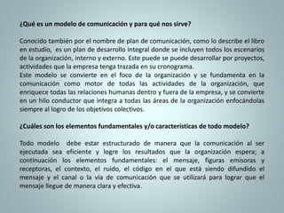 ¿Qué es un modelo de comunicación y para qué nos sirve? 
Conocido también por el nombre de plan de comunicación, como lo describe el libro 
en estudio, es un plan de desarrollo integral donde se incluyen todos los escenarios 
de la organización, interno y externo. Este puede se puede desarrollar por proyectos, 
actividades que la empresa tenga trazada en su cronograma. 
Este modelo se convierte en el foco de la organización y se fundamenta en la 
comunicación como motor de todas las actividades de la organización, que 
enriquece todas las relaciones humanas dentro y fuera de la empresa, y se convierte 
en un hilo conductor que integra a todas las áreas de la organización enfocándolas 
siempre al logro de los objetivos colectivos. 
¿Cuáles son los elementos fundamentales y/o características de todo modelo? 
Todo modelo debe estar estructurado de manera que la comunicación al ser 
ejecutada sea eficiente y logre los resultados que la organización espera; a 
continuación los elementos fundamentales: el mensaje, figuras emisoras y 
receptoras, el contexto, el ruido, el código en el que está siendo difundido el 
mensaje y el canal o la vía de comunicación que se utilizará para lograr que el 
mensaje llegue de manera clara y efectiva. 
 