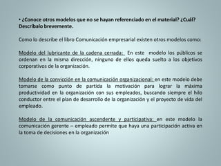 • ¿Conoce otros modelos que no se hayan referenciado en el material? ¿Cuál? 
Descríbalo brevemente. 
Como lo describe el libro Comunicación empresarial existen otros modelos como: 
Modelo del lubricante de la cadena cerrada: En este modelo los públicos se 
ordenan en la misma dirección, ninguno de ellos queda suelto a los objetivos 
corporativos de la organización. 
Modelo de la convicción en la comunicación organizacional: en este modelo debe 
tomarse como punto de partida la motivación para lograr la máxima 
productividad en la organización con sus empleados, buscando siempre el hilo 
conductor entre el plan de desarrollo de la organización y el proyecto de vida del 
empleado. 
Modelo de la comunicación ascendente y participativa: en este modelo la 
comunicación gerente – empleado permite que haya una participación activa en 
la toma de decisiones en la organización 
 