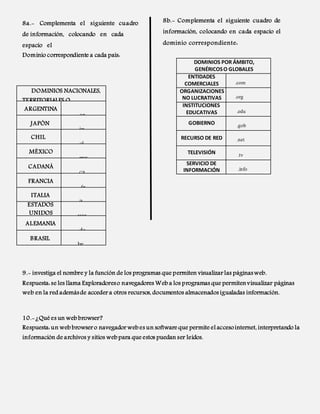 DOMINIOS POR ÁMBITO, 
GENÉRICOS O GLOBALES 
ENTIDADES 
COMERCIALES 
.com 
ORGANIZACIONES 
NO LUCRATIVAS 
.org 
INSTITUCIONES 
EDUCATIVAS 
.edu 
GOBIERNO 
.gob 
RECURSO DE RED 
.net 
TELEVISIÓN 
.tv 
SERVICIO DE 
INFORMACIÓN 
.info 
8a.- Complementa el siguiente cuadro 
de información, colocando en cada 
espacio el 
Dominio correspondiente a cada país: 
8b.- Complementa el siguiente cuadro de 
información, colocando en cada espacio el 
dominio correspondiente: 
DOMINIOS NACIONALES, 
TERRITORIALES O 
GEOGRÁFICOS 
ARGENTINA 
.ar 
JAPÓN 
.jp 
CHIL 
E 
.cl 
MÉXICO 
.mx 
CADANÁ 
.ca 
FRANCIA 
.fr 
ITALIA 
.it 
ESTADOS 
UNIDOS 
.usa 
ALEMANIA 
.de 
BRASIL 
.br 
9.- investiga el nombre y la función de los programas que permiten visualizar las páginas web. 
Respuesta: se les llama Exploradores o navegadores Web a los programas que permiten visualizar páginas 
web en la red además de acceder a otros recursos, documentos almacenados igualadas información. 
10.- ¿Qué es un web browser? 
Respuesta: un web browser o navegador web es un software que permite el acceso internet, interpretando la 
información de archivos y sitios web para que estos puedan ser leídos. 
 