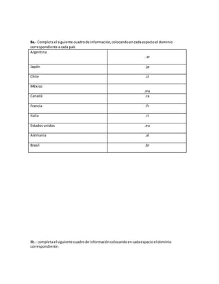 8a.- Completa el siguiente cuadro de información, colocando en cada espacio el dominio 
correspondiente a cada país 
Argentina 
. ar 
Japón 
.jp 
Chile 
.cl 
México 
.mx 
Canadá 
.ca 
Francia 
.fr 
Italia 
.it 
Estados unidos 
.eu 
Alemania 
.al 
Brasil 
.br 
8b.- completa el siguiente cuadro de información colocando en cada espacio el dominio 
correspondiente: 
 