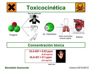 Toxicocinética 
Concentración tóxica 
VLA-ED = 0.02 ppm 
(0.08 mg/m3) 
VLA-EC = 0.1 ppm 
(0,4 mg/m3) 
INSHT 2011 
O 
C 
Cl Cl 
Fosgeno 
Vías de absorción 
Ác. Clorhídrico 
Daño membrana 
alveolo-capilar Edema 
Benedetto Gesmundo Huelva 05/12/2012 
 