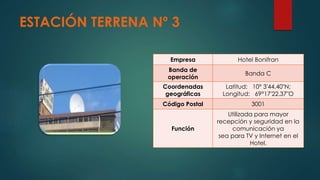 ESTACIÓN TERRENA Nº 3
Empresa Hotel Bonifran
Banda de
operación
Banda C
Coordenadas
geográficas
Latitud: 10° 3'44.40"N;
Longitud: 69°17'22.37"O
Código Postal 3001
Función
Utilizada para mayor
recepción y seguridad en la
comunicación ya
sea para TV y Internet en el
Hotel.
 