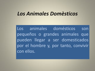Los Animales Domèsticos
Los animales domésticos son
pequeños o grandes animales que
pueden llegar a ser domesticados
por el hombre y, por tanto, convivir
con ellos.
 