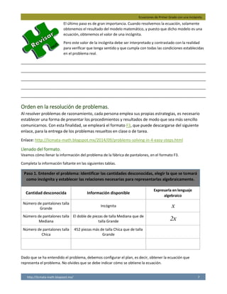 Ecuaciones de Primer Grado con una Incógnita.
http://licmata-math.blogspot.mx/ 7
El último paso es de gran importancia. Cuando resolvemos la ecuación, solamente
obtenemos el resultado del modelo matemático, y puesto que dicho modelo es una
ecuación, obtenemos el valor de una incógnita.
Pero este valor de la incógnita debe ser interpretado y contrastado con la realidad
para verificar que tenga sentido y que cumpla con todas las condiciones establecidas
en el problema real.
___________________________________________________________________________________________
___________________________________________________________________________________________
___________________________________________________________________________________________
___________________________________________________________________________________________
___________________________________________________________________________________________
Orden en la resolución de problemas.
Al resolver problemas de razonamiento, cada persona emplea sus propias estrategias, es necesario
establecer una forma de presentar los procedimientos y resultados de modo que sea más sencillo
comunicarnos. Con esta finalidad, se empleará el formato F3, que puede descargarse del siguiente
enlace, para la entrega de los problemas resueltos en clase o de tarea.
Enlace: http://licmata-math.blogspot.mx/2014/09/problems-solving-in-4-easy-steps.html
Llenado del formato.
Veamos cómo llenar la información del problema de la fábrica de pantalones, en el formato F3.
Completa la información faltante en las siguientes tablas.
Paso 1. Entender el problema: Identificar las cantidades desconocidas, elegir la que se tomará
como incógnita y establecer las relaciones necesarias para representarlas algebraicamente.
Cantidad desconocida Información disponible
Expresarla en lenguaje
algebraico
Número de pantalones talla
Grande
Incógnita x
Número de pantalones talla
Mediana
El doble de piezas de talla Mediana que de
talla Grande 2x
Número de pantalones talla
Chica
452 piezas más de talla Chica que de talla
Grande
Dado que se ha entendido el problema, debemos configurar el plan, es decir, obtener la ecuación que
representa el problema. No olvides que se debe indicar cómo se obtiene la ecuación.
Podemos sustituir en la fórmula para ver si estamos en lo correcto:
7000=4(1637) +452
Ahora sacamos el total de cada talla
Talla G 1637, talla M 2x= 3274 y talla Ch x+452= 2089
Sumamos 1637+3274+2089= 7000
x+452
 