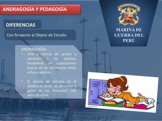 MARINA DE
GUERRA DEL
PERÚ
DIFERENCIAS
ANDRAGOGÍA Y PEDAGOGÍA
Con Respecto al Objeto de Estudio
ANDRAGOGÍA:
• Arte y ciencia de ayudar a
aprender a los adultos,
basándose en suposiciones
acerca de las diferencias entre
niños y adultos.
• El objeto de estudio es el
adulto; es decir, las personas a
partir de los dieciocho (18)
años de edad.
 