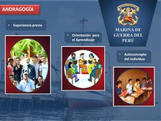 MARINA DE
GUERRA DEL
PERÚ
ANDRAGOGÍA
• Experiencia previa
• Orientación para
el Aprendizaje
• Autoconcepto
del individuo
 