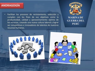 MARINA DE
GUERRA DEL
PERÚ
ANDRAGOGÍA
• Facilitan los procesos de reclutamiento, selección y
cumplen con los fines de sus objetivos como la
productividad, calidad y aprovechamiento óptimo de
los recursos, creando una nueva cultura laboral y lograr
ser competitivos e innovadores de talentos de nuestros
recursos humanos.
 