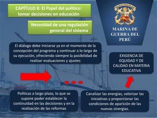 MARINA DE
GUERRA DEL
PERÚ
CAPÍTULO 8: El Papel del político:
tomar decisiones en educación
El diálogo debe iniciarse ya en el momento de la
concepción del programa y continuar a lo largo de
su ejecución, ofreciendo siempre la posibilidad de
realizar evaluaciones y ajustes
Necesidad de una regulación
general del sistema
Políticas a largo plazo, lo que se
supone poder establecer la
continuidad en las decisiones y en la
realización de las reformas
Canalizar las energías, valorizar las
iniciativas y proporcionar las
condiciones de aparición de las
nuevas sinergias.
EXIGENCIA DE
EQUIDAD Y DE
CALIDAD EN MATERIA
EDUCATIVA
 