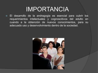 IMPORTANCIA
 El desarrollo de la andragogia es esencial para cubrir los
requerimientos intelectuales y cognoscitivos del adulto en
cuando a la obtención de nuevos conocimientos, para su
adecuado uso y desenvolvimiento dentro de la sociedad.
 