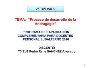 ACTIVIDAD 3
TEMA: “Proceso de desarrollo de la
Andragogía”
PROGRAMA DE CAPACITACIÓN
COMPLEMENTARIA PARA DOCENTES-
PERSONAL SUBALTERNO 2016
DISCENTE:
T3 ELE Pedro Rene SANCHEZ Alvarado
1
 
