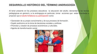 DESARROLLO HISTÓRICO DEL TÉRMINO ANDRAGOGÍA
Al tener presente en los procesos educativos la educación del adulto; demandan a las teorías
pedagógicas en general y a la andragogía en particular, tomar acciones que están orientadas a
propiciar que el adulto fortalezca su participación como:
• Generador de su propio conocimiento y de sus procesos de formación.
• Sujeto autónomo en la toma de decisiones sociales y políticas.
• Promotor y creador de procesos económicos y culturales.
• Agente de transformación social.
 