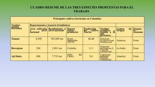 Principales cultivos hortícolas en Colombia:
Nombre
común
Hortaliza
Departamento (Anuario Estadístico)
Área cultivada
a nivel
nacional
Rendimiento a
nivel nacional
Depart
mayor
productor
Producción
del cultivo
Ton/ha
Nombre
científico y
familia a la
que
pertenece
Centro de
Origen
Organo
de
consumo
.
Tomate 8.450 382.609 ton Norte
Santender
(2014)
45.28 Solanum
lycopersicum
Solanaceae
America Fruto
Berenjena 260 2.881 ton Córdoba 11.1
Solanum
melongena L.
Familia
solanaceae
La India Fruto
Ají Dulce 808 7.735 ton
Valle del
Cauca 9.6
Capsicum
annuum
Familia
solanaceae
America Fruto
CUADRO RESUME DE LAS TRES ESPECIES PROPUESTAS PARA EL
TRABAJO.
 