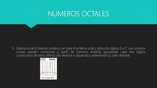 NUMEROS OCTALES
 Sistema octal El sistema numérico en base 8 se llama octal y utiliza los dígitos 0 a 7. Los números
octales pueden construirse a partir de números binarios agrupando cada tres dígitos
consecutivos de estos últimos (de derecha a izquierda) y obteniendo su valor decimal
 