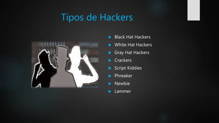 Tipos de Hackers
 Black Hat Hackers
 White Hat Hackers
 Gray Hat Hackers
 Crackers
 Script Kiddies
 Phreaker
 Newbie
 Lammer
 