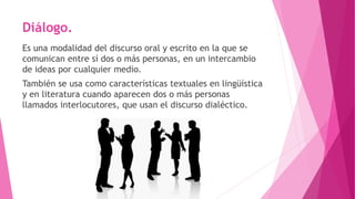 Diálogo.
Es una modalidad del discurso oral y escrito en la que se
comunican entre sí dos o más personas, en un intercambio
de ideas por cualquier medio.
También se usa como características textuales en lingüística
y en literatura cuando aparecen dos o más personas
llamados interlocutores, que usan el discurso dialéctico.
 