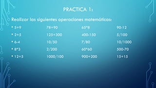 PRACTICA 1:
Realizar las siguientes operaciones matemáticas:
• 5+9 78+90 65*8 90-12
• 2+5 125+300 400-150 5/100
• 6-4 10/50 7/80 10/1000
• 8*3 2/200 60*60 500-70
• 12+5 1000/100 900+200 15+15
 
