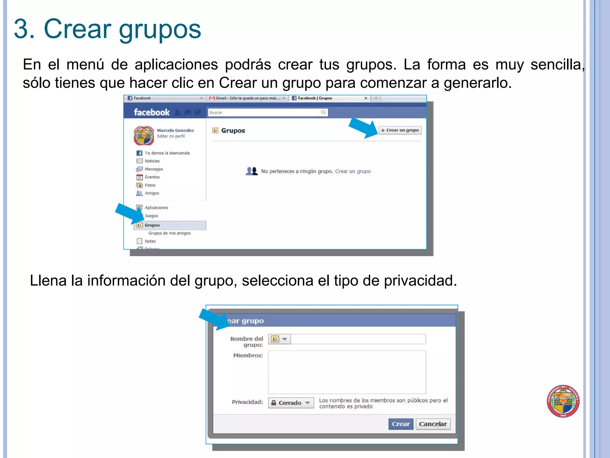 En el menú de aplicaciones podrás crear tus grupos. La forma es muy sencilla, sólo tienes que hacer clic en Crear un grupo para comenzar a generarlo. Figura 13 3. Crear grupos Llena la información del grupo, selecciona el tipo de privacidad. 