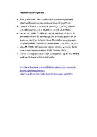 Referencias Bibliográficas.


Ávila, p. Bosco D. (2001). Ambientes Virtuales de Aprendizaje.
http://investigacion.ilce.edu.mx/dice/articulos/articulo11.htm
Cabrero, J, Salinas J., Duarte, A. y Domingo, J. (2000). Nuevas
tecnologías aplicadas a la educación. Madrid: Ed. Síntesis.
Herrera, A. (2004). Consideraciones para el diseño didáctico de
ambientes virtuales de aprendizaje: una propuesta basada en las
funciones cognitivas del aprendizaje. Revista Iberoamericana de
Educación (ISSN: 1681-5653), recuperada el 23 de marzo de 2011
Villar, M. (2008). Competencias básicas para uso y dominio de los
nuevos medios o instrumentos. En M. Sevillano (Ed.),
Nuevas tecnologías en educación social (1er ed., pp. 53-84). Madrid:
McGraw-Hill-Interamericana de España.




http://www.slideshare.net/guest167a6d/modelos-de-enseanza-y-
aprendizaje-de-la-matemtica
http://polya.dme.umich.mx/Carlos/mem9sem/yola1/yola1.htm
 