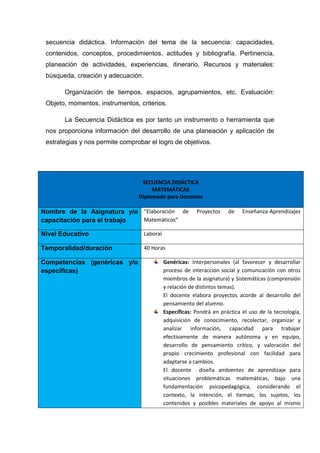 secuencia didáctica. Información del tema de la secuencia: capacidades,
 contenidos, conceptos, procedimientos, actitudes y bibliografía. Pertinencia,
 planeación de actividades, experiencias, itinerario. Recursos y materiales:
 búsqueda, creación y adecuación.

       Organización de tiempos, espacios, agrupamientos, etc. Evaluación:
 Objeto, momentos, instrumentos, criterios.

       La Secuencia Didáctica es por tanto un instrumento o herramienta que
 nos proporciona información del desarrollo de una planeación y aplicación de
 estrategias y nos permite comprobar el logro de objetivos.




                                  SECUENCIA DIDÁCTICA
                                      MATEMÁTICAS
                                 Diplomado para Docentes

Nombre de la Asignatura y/o “Elaboración de                Proyectos    de    Enseñanza-Aprendizajes
capacitación para el trabajo Matemáticos”

Nivel Educativo                     Laboral

Temporalidad/duración               40 Horas

Competencias (genéricas y/o                   Genéricas: Interpersonales (al favorecer y desarrollar
específicas)                                  proceso de interacción social y comunicación con otros
                                              miembros de la asignatura) y Sistemáticas (comprensión
                                              y relación de distintos temas).
                                              El docente elabora proyectos acorde al desarrollo del
                                              pensamiento del alumno.
                                              Específicas: Pondrá en práctica el uso de la tecnología,
                                              adquisición de conocimiento, recolectar, organizar y
                                              analizar información, capacidad para trabajar
                                              efectivamente de manera autónoma y en equipo,
                                              desarrollo de pensamiento crítico, y valoración del
                                              propio crecimiento profesional con facilidad para
                                              adaptarse a cambios.
                                              El docente diseña ambientes de aprendizaje para
                                              situaciones problemáticas matemáticas, bajo una
                                              fundamentación psicopedagógica, considerando el
                                              contexto, la intención, el tiempo, los sujetos, los
                                              contenidos y posibles materiales de apoyo al mismo
 