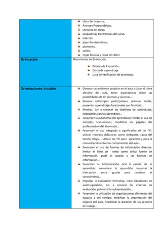Libro del maestro,
                                 Avances Programáticos,
                                 Lecturas del curso,
                                 Diapositivas Electrónicas del curso,
                                 Internet,
                                 pizarrón electrónico,
                                 plumones,
                                 cañón,
                                 hojas blancas y hojas de cártel.
Evaluación                Mecanismos de Evaluación:

                                          Rúbrica de Exposición.
                                          Diario de aprendizaje
                                          Lista de verificación de proyectos.



Orientaciones iniciales           Generar un ambiente propicio en el aula: cuidar el clima
                                  afectivo del aula, tener expectativas sobre las
                                  posibilidades de los alumnos y alumnas…
                                  Generar estrategias participativas: plantear dudas,
                                  presentar aprendizajes funcionales con finalidad…
                                  Motivar, dar a conocer los objetivos de aprendizaje,
                                  negociarlos con los aprendices…
                                  Favorecer la autonomía del aprendizaje: limitar el uso de
                                  métodos transmisivos, modificar los papeles del
                                  profesorado y del alumnado…
                                  Favorecer el uso integrado y significativo de las TIC:
                                  utilizar recursos didácticos como webquest, cazas del
                                  tesoro, blogs…, utilizar las TIC para aprender y para la
                                  comunicación entre los componentes del aula…
                                  Favorecer el uso de fuentes de información diversas:
                                  limitar el libro de texto como única fuente de
                                  información, guiar el acceso a las fuentes de
                                  información…:
                                  Favorecer la comunicación oral o escrita de lo
                                  aprendido: comunicar lo aprendido, impulsar la
                                  interacción entre iguales para construir el
                                  conocimiento…
                                  Impulsar la evaluación formativa, crear situaciones de
                                  autorregulación, dar a conocer los criterios de
                                  evaluación, potenciar la autoevaluación…
                                  Favorecer la utilización de organizaciones diferentes del
                                  espacio y del tiempo: modificar la organización del
                                  espacio del aula, flexibilizar la duración de las sesiones
                                  de trabajo…
 