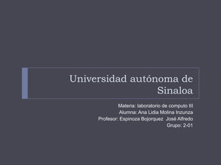Universidad autónoma de
Sinaloa
Materia: laboratorio de computo III
Alumna: Ana Lidia Molina Inzunza
Profesor: Espinoza Bojorquez José Alfredo
Grupo: 2-01

 