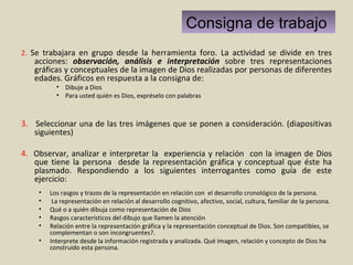 Consigna de trabajo  2.  Se trabajara en grupo desde la herramienta foro. La actividad se divide en tres acciones:  observación, análisis e interpretación  sobre tres representaciones gráficas y conceptuales de la imagen de Dios realizadas por personas de diferentes edades. Gráficos en respuesta a la consigna de:  Dibuje a Dios  Para usted quién es Dios, expréselo con palabras 3.  Seleccionar una de las tres imágenes que se ponen a consideración. (diapositivas siguientes) 4.  Observar, analizar e interpretar la  experiencia y relación  con la imagen de Dios que tiene la persona  desde la representación gráfica y conceptual que éste ha plasmado. Respondiendo a los siguientes interrogantes como guía de este ejercicio:   Los rasgos y trazos de la representación en relación con  el desarrollo cronológico de la persona. La representación en relación al desarrollo cognitivo, afectivo, social, cultura, familiar de la persona. Qué o a quién dibuja como representación de Dios  Rasgos característicos del dibujo que llamen la atención Relación entre la representación gráfica y la representación conceptual de Dios. Son compatibles, se complementan o son incongruentes?. Interprete desde la información registrada y analizada. Qué imagen, relación y concepto de Dios ha construido esta persona. 
