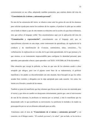 11
correctamente en sus sillas, adoptando medidas posturales, que estarían dentro del área de
“Conocimiento de sí mismo y autonomía personal”.
En otra de las secuencias del inicio, se observa como ante los gestos de uno de los alumnos
para solicitar ayuda para atarse los cordones de los zapatos, el profesor le pide que no señale
con el dedo el objeto y que de esta manera se relacione con la acción a la que hace referencia,
sino que utilice el lenguaje verbal. Nos encontraríamos aquí con la aplicación del área de
“Comunicación y representación”, concretamente con el lenguaje oral, que es
especialmente relevante en esta etapa, como instrumento de aprendizaje, de regulación de la
conducta y de manifestación de vivencias, sentimientos, ideas, emociones,…”La
verbalización, la explicación en voz alta, de lo que están aprendiendo, de lo que piensan y lo
que sienten, es un instrumento imprescindible para configurar la identidad personal, para
aprender, para aprender a hacer y para aprender a ser”(R.D. 1630/2006, de 29 de diciembre).
Otra situación que recoge la película, se basa en que uno de los alumnos acude a clase
arropado por abrigos, pero con el pijama como base de su indumentaria, el profesor
manifiesta a los padres su disconformidad con este atuendo, hace hincapié en que los niños
acudan bien vestidos y abrigados con la ropa apropiada para cada ocasión. Así como, les
insiste en el lavado y secado de las manos.
También se pone de manifiesto que hay alumnos que llevan más de un mes sin merienda para
el recreo y que otros en cambio no desayunan correctamente, puesto que, ante el nerviosismo
de una de las alumnas, la profesora se interesa por su actitud, y ésta le manifiesta que ha
desayunado café, lo que justificaría su nerviosismo. La profesora le traslada a la madre su
preocupación por no ser un alimento adecuado para un niño.
Estaríamos ante el área de “Conocimiento de sí mismo y autonomía personal” y en
concreto, en el bloque cuatro, “El cuidado personal y la salud”, por un lado, se les invita a
 