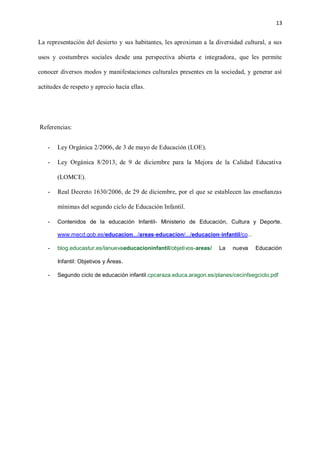 13
La representación del desierto y sus habitantes, les aproximan a la diversidad cultural, a sus
usos y costumbres sociales desde una perspectiva abierta e integradora, que les permite
conocer diversos modos y manifestaciones culturales presentes en la sociedad, y generar así
actitudes de respeto y aprecio hacia ellas.
Referencias:
- Ley Orgánica 2/2006, de 3 de mayo de Educación (LOE).
- Ley Orgánica 8/2013, de 9 de diciembre para la Mejora de la Calidad Educativa
(LOMCE).
- Real Decreto 1630/2006, de 29 de diciembre, por el que se establecen las enseñanzas
mínimas del segundo ciclo de Educación Infantil.
- Contenidos de la educación Infantil- Ministerio de Educación, Cultura y Deporte.
www.mecd.gob.es/educacion.../areas-educacion/.../educacion-infantil/co...
- blog.educastur.es/lanuevaeducacioninfantil/objetivos-areas/ La nueva Educación
Infantil: Objetivos y Áreas.
- Segundo ciclo de educación infantil.cpcaraza.educa.aragon.es/planes/cecinfsegciclo.pdf
 