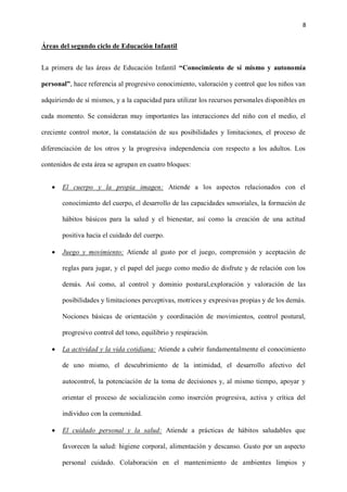 8
Áreas del segundo ciclo de Educación Infantil
La primera de las áreas de Educación Infantil “Conocimiento de sí mismo y autonomía
personal”, hace referencia al progresivo conocimiento, valoración y control que los niños van
adquiriendo de sí mismos, y a la capacidad para utilizar los recursos personales disponibles en
cada momento. Se consideran muy importantes las interacciones del niño con el medio, el
creciente control motor, la constatación de sus posibilidades y limitaciones, el proceso de
diferenciación de los otros y la progresiva independencia con respecto a los adultos. Los
contenidos de esta área se agrupan en cuatro bloques:
 El cuerpo y la propia imagen: Atiende a los aspectos relacionados con el
conocimiento del cuerpo, el desarrollo de las capacidades sensoriales, la formación de
hábitos básicos para la salud y el bienestar, así como la creación de una actitud
positiva hacia el cuidado del cuerpo.
 Juego y movimiento: Atiende al gusto por el juego, comprensión y aceptación de
reglas para jugar, y el papel del juego como medio de disfrute y de relación con los
demás. Así como, al control y dominio postural,exploración y valoración de las
posibilidades y limitaciones perceptivas, motrices y expresivas propias y de los demás.
Nociones básicas de orientación y coordinación de movimientos, control postural,
progresivo control del tono, equilibrio y respiración.
 La actividad y la vida cotidiana: Atiende a cubrir fundamentalmente el conocimiento
de uno mismo, el descubrimiento de la intimidad, el desarrollo afectivo del
autocontrol, la potenciación de la toma de decisiones y, al mismo tiempo, apoyar y
orientar el proceso de socialización como inserción progresiva, activa y crítica del
individuo con la comunidad.
 El cuidado personal y la salud: Atiende a prácticas de hábitos saludables que
favorecen la salud: higiene corporal, alimentación y descanso. Gusto por un aspecto
personal cuidado. Colaboración en el mantenimiento de ambientes limpios y
 