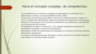 Hacia el concepto complejo de competencias.
Las competencias son procesos complejos de desempeño con idoneidad, en un
determinado contexto, con responsabilidad (Tobón, 2005)
los procesos son acciones que se llevan a cabo con un determinado fin, y tienen un
inicio y un desarrollo identificable, implica la articulación de elementos y recursos para
alcanzar el fin propuesto. Por lo tanto las competencias son dinámicos y concordantes
con las demandas del contexto.
El desempeño se refiere a la actuación en la realidad mediante la realización de
actividades o el análisis y resolución de problemas.
Idoneidad se refiere al cumplimiento de actividades con criterios de eficiencia, eficacia,
pertinencia y apropiación.
El contexto constituye el acampo disciplinar, social y cultural como también ambiental
que influyen en una determinada situación.
 