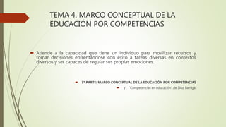 TEMA 4. MARCO CONCEPTUAL DE LA
EDUCACIÓN POR COMPETENCIAS
 Atiende a la capacidad que tiene un individuo para movilizar recursos y
tomar decisiones enfrentándose con éxito a tareas diversas en contextos
diversos y ser capaces de regular sus propias emociones.
 1º PARTE: MARCO CONCEPTUAL DE LA EDUCACIÓN POR COMPETENCIAS
 y “Competencias en educación” de Díaz Barriga.
 
