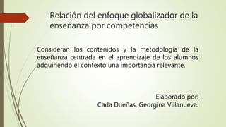 Relación del enfoque globalizador de la
enseñanza por competencias
Consideran los contenidos y la metodología de la
enseñanza centrada en el aprendizaje de los alumnos
adquiriendo el contexto una importancia relevante.
Elaborado por:
Carla Dueñas, Georgina Villanueva.
 