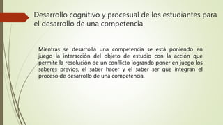 Desarrollo cognitivo y procesual de los estudiantes para
el desarrollo de una competencia
Mientras se desarrolla una competencia se está poniendo en
juego la interacción del objeto de estudio con la acción que
permite la resolución de un conflicto logrando poner en juego los
saberes previos, el saber hacer y el saber ser que integran el
proceso de desarrollo de una competencia.
 