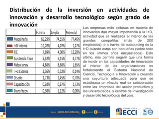 Distribución de la inversión en actividades de
innovación y desarrollo tecnológico según grado de
innovación Las empresas más exitosas en materia de
innovación dan mayor importancia a la I+D,
actividad que es realizada al interior de las
grandes compañías (más de 200
empleados); o a través de outsourcing de la
I+D cuando estas son pequeñas (sobre todo
en los últimos años encuestados). Esto
último, nos permite sugerir que una forma
de incidir en las capacidades de innovación
al interior de las organizaciones es
fortaleciendo el Sistema Nacional de
Ciencia, Tecnología e Innovación y creando
una coyuntura adecuada para que se
establezca un vínculo real de colaboración
entre las empresas del sector productivo y
las universidades, y centros de investigación
y desarrollo tecnológico del país.
 