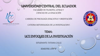 UNIVERSIDAD CENTRAL DEL ECUADOR
FACULTAD DE FILOSOFÍA, LETRAS Y
CIENCIAS DE LA EDUCACIÓN
CARRERA DE PSICOLOGÍA EDUCATIVA Y ORIENTACIÓN
CATEDRA METODOLOGIA DE LA INVESTIGACION I
TEMA:
UCE ENFOQUES DE LA INVESTIGACIÓN
ESTUDIANTE: TATIANA CALLE
SEMESTRE: 6TO “B”
 