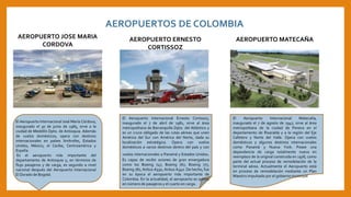 El Aeropuerto Internacional Matecaña,
inaugurado el 7 de agosto de 1947, sirve al área
metropolitana de la ciudad de Pereira en el
departamento de Risaralda y a la región del Eje
Cafetero y Norte del Valle. Opera con vuelos
domésticos y algunos destinos internacionales
como Panamá y Nueva York. Posee una
dependencia de carga totalmente nueva en
reemplazo de la original construida en 1978, como
parte del actual proceso de remodelación de la
terminal aérea. Actualmente el Aeropuerto está
en proceso de remodelación mediante un Plan
Maestro impulsado por el gobierno municipal
AEROPUERTOS DE COLOMBIA
AEROPUERTO JOSE MARIA
CORDOVA
El Aeropuerto Internacional José María Córdova,
inaugurado el 30 de junio de 1985, sirve a la
ciudad de Medellín Dpto. de Antioquia. Además
de vuelos domésticos, opera con destinos
internacionales en países limítrofes, Estados
Unidos, México, el Caribe, Centroamérica y
España.
Es el aeropuerto más importante del
departamento de Antioquia y, en términos de
flujo pasajeros y de carga, es segundo a nivel
nacional después del Aeropuerto Internacional
El Dorado de Bogotá.
AEROPUERTO ERNESTO
CORTISSOZ
El Aeropuerto Internacional Ernesto Cortissoz,
inaugurado el 7 de abril de 1981, sirve al área
metropolitana de Barranquilla Dpto. del Atlántico y
es un cruce obligado de las rutas aéreas que unen
América del Sur con América del Norte, dada su
localización estratégica. Opera con vuelos
domésticos a varios destinos dentro del país y con
vuelos internacionales a Panamá y Estados Unidos.
Es capaz de recibir aviones de gran envergadura
como los Boeing 747, Boeing 767, Boeing 777,
Boeing 787, Airbus A330, Airbus A340 .De hecho, fue
en su época el aeropuerto más importante de
Colombia. En la actualidad, el aeropuerto es quinto
en número de pasajeros y el cuarto en carga.
AEROPUERTO MATECAÑA
 