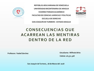 REPÚBLICA BOLIVARIANA DEVENEZUELA
UNIVERSIDAD BICENTENARIA DE ARAGUA
VICERRECTORADOACADÉMICO
FACULTAD DE CIENCIAS JURIDICASY POLITICAS
ESCUELA DE DERECHO
SAN JOAQUÍN DETURMERO - ESTADO ARAGUA
Profesora: Ysabel Sánchez Estudiante: Wilfredo Brito
Cédula: 16.571.308
San Joaquín deTurmero, 28 de Marzo del 2018
 