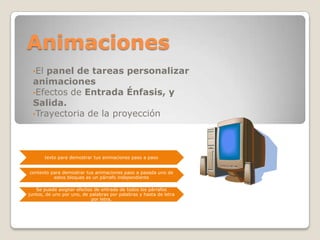 Animaciones
•El

panel de tareas personalizar
animaciones
•Efectos de Entrada Énfasis, y
Salida.
•Trayectoria de la proyección

texto para demostrar tus animaciones paso a paso
contexto para demostrar tus animaciones paso a pasada uno de
estos bloques es un párrafo independiente

Se puede asignar efectos de entrada de todos los párrafos
juntos, de uno por uno, de palabras por palabras y hasta de letra
por letra.

 