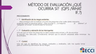 PROCEDIMIENTO
• 1º - Identificación de los riesgos existentes:
Para conseguir esto se realizan una serie de preguntas a las cuales darles respuesta,
pudiendo seguir el siguiente patrón: ¿Que ocurriría si.....La maquina se detiene?...el
trabajador se olvida?...la electricidad no funciona?
• 2º - Evaluación y valoración de las interrogantes
Una vez que se hacen las preguntas se debe analizar estos errores, a fin de encontrar
la solución mas adecuada, considerando siempre que la solución adoptada debe minimizar los
encontrados.
• 3º - Control
Una vez que se identifican los riesgos, evaluados y analizados, solo nos queda tomar
para un control o/y eliminación de los riesgos.
MÉTODO DE EVALUACIÓN ¿QUÉ
OCURRIA SI? (QPS /WHAT
IF..?)
 