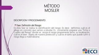 DESCRIPCION Y PROCEDIMIENTO
1ª Fase: Definición del Riesgo:
En esta fase se realiza la identificación del riesgo. Es decir, definimos cuál es el
riesgo en concreto que vamos a estudiar. Es conveniente preparar una “Ficha o
Cuadro del Riesgo” donde se recoja el riesgo propiamente dicho, su localización,
cuál es el bien objeto de nuestra protección y cuál es el daño que puede sufrir si
riesgo llega a materializarse.
MÉTODO
MOSLER
 